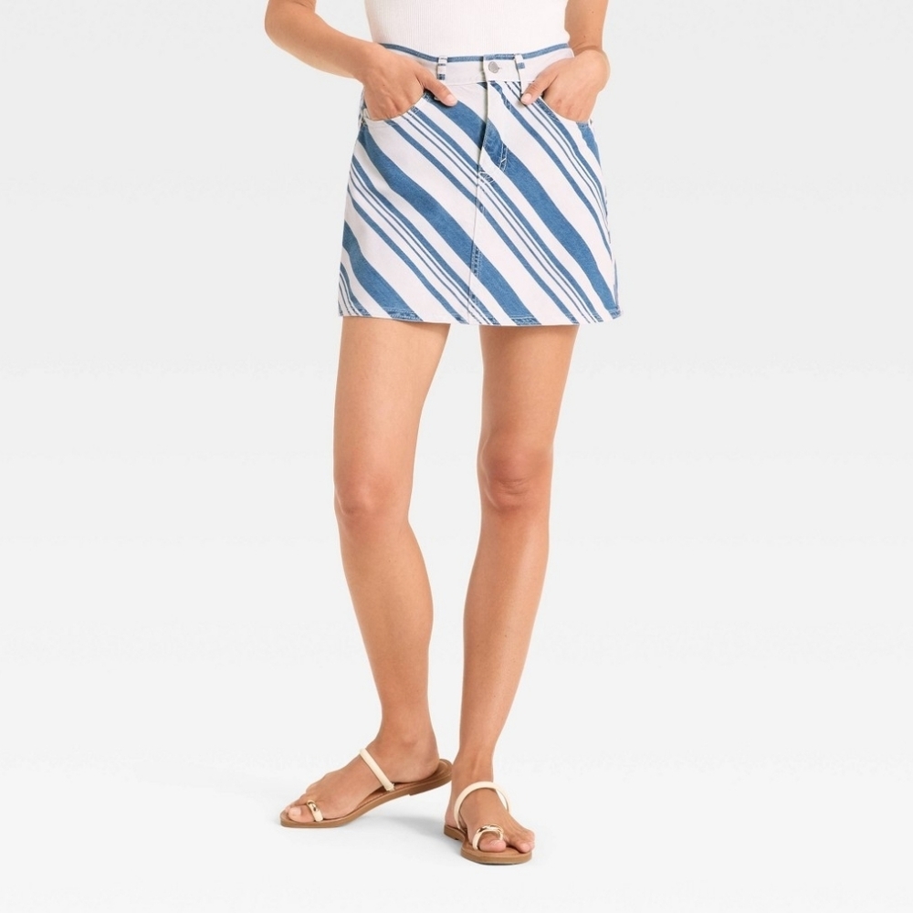 Striped Denim Mini Skirt, Navy/White, Size 6, NWT